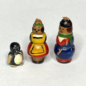 Vintage Hand-Painted Wooden Figurines Set of 3 Man Woman Penguin
